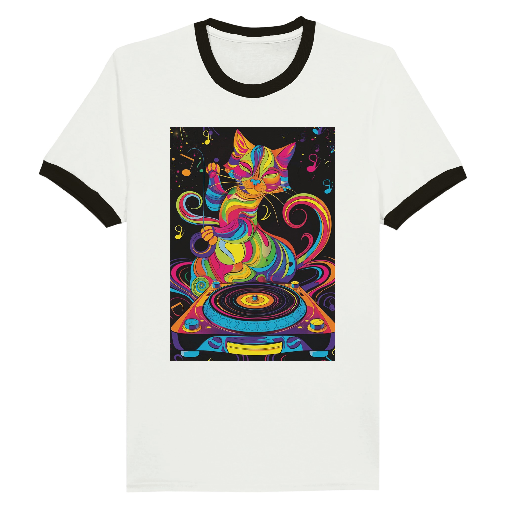 Psychedelic Groovy Cat DJ Unisex Ringer T-shirt