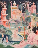 Dreamlike Fantasy Landscape Painting with Figures and Architecture Aesthetic Poster Prints