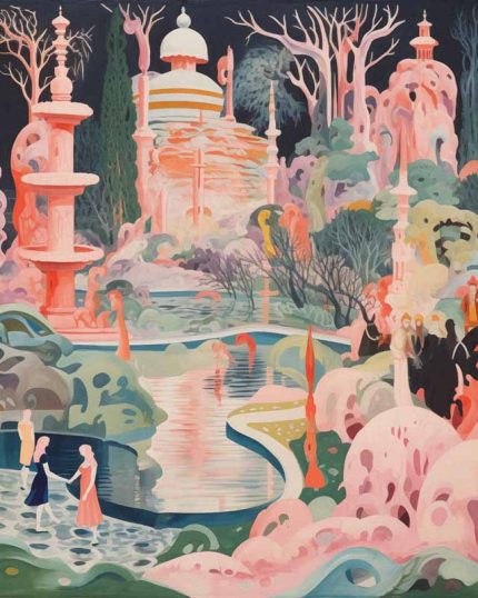 Dreamlike Fantasy Landscape Painting with Figures and Architecture Aesthetic Poster Prints