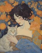 Dreamy Woman with Cat Amidst Golden Flowers Painting Aesthetic Poster Prints: Elevate Your Space with Trendy Designs
