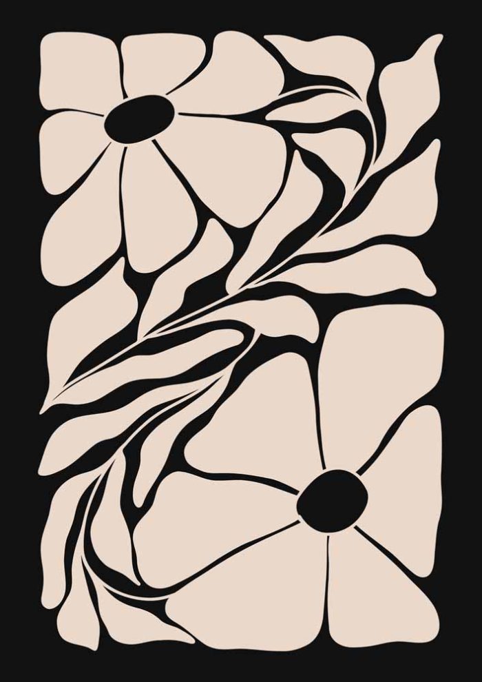 Stylized Floral Pattern - Beige & Black Theme - Minimalist Art Botanical Flower Print Wall Art Poster - Image 1