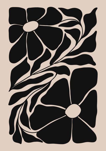 Stylized Floral Pattern - Beige & Black Theme - Minimalist Art Botanical Flower Print Wall Art Poster
