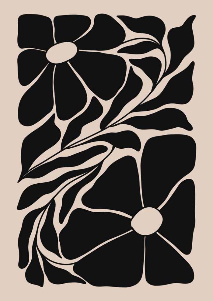 Stylized Floral Pattern - Beige & Black Theme - Minimalist Art Botanical Flower Print Wall Art Poster - Image 1