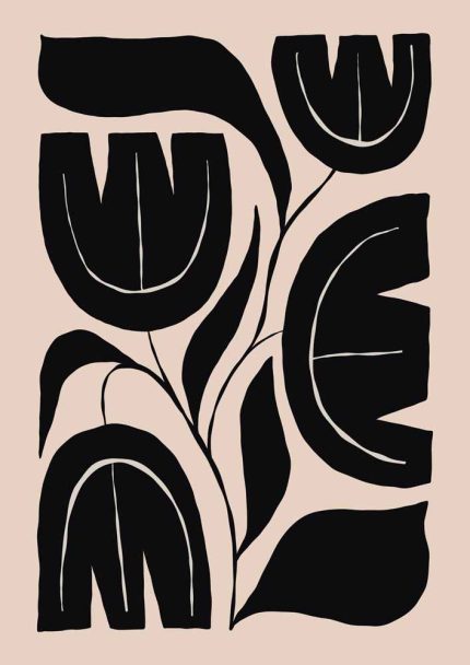 Stylized Floral Pattern - Beige & Black Theme - Minimalist Art Botanical Flower Print Wall Art Poster