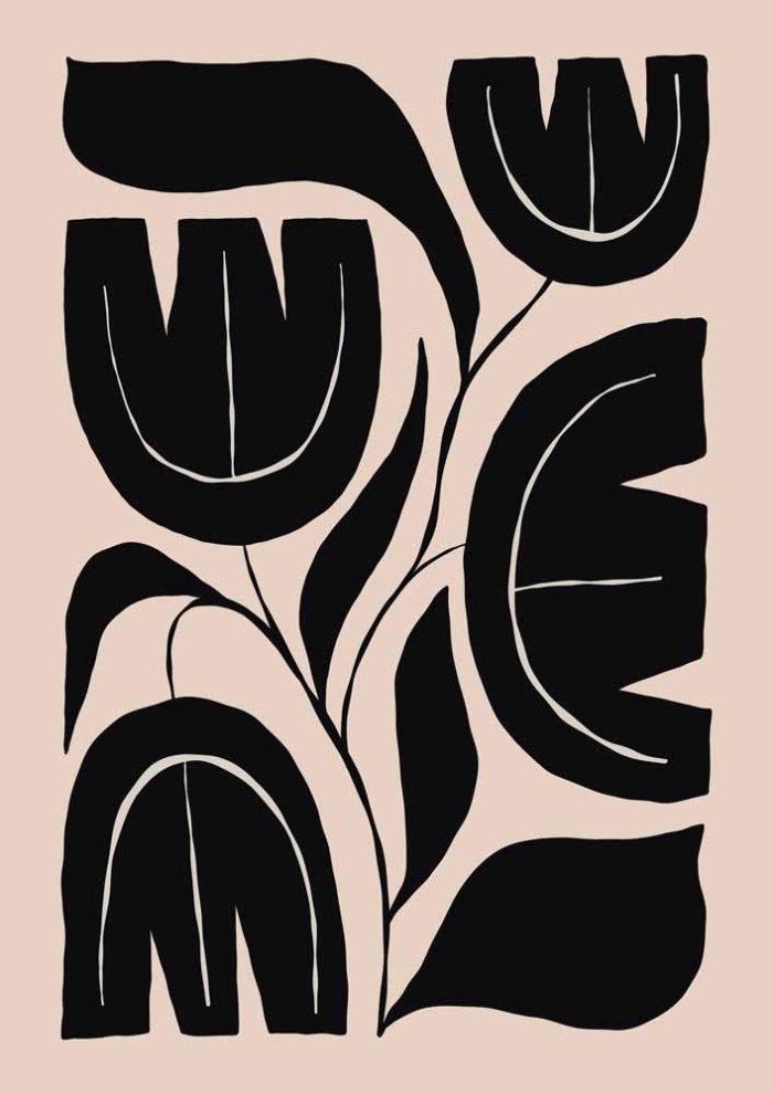 Stylized Floral Pattern - Beige & Black Theme - Minimalist Art Botanical Flower Print Wall Art Poster - Image 1