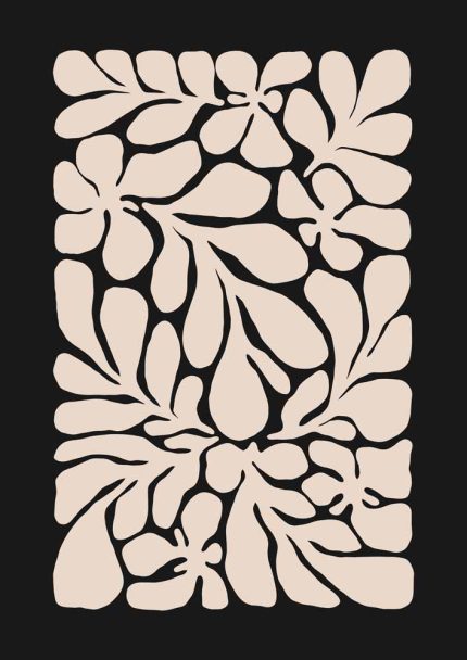 Stylized Floral Pattern - Beige & Black Theme - Minimalist Art Botanical Flower Print Wall Art Poster