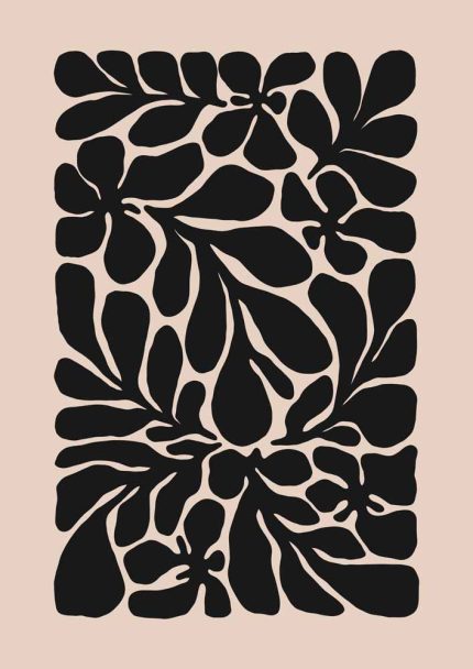 Stylized Floral Pattern - Beige & Black Theme - Minimalist Art Botanical Flower Print Wall Art Poster