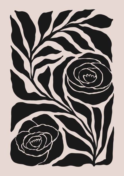 Stylized Floral Pattern - Beige & Black Theme - Minimalist Art Botanical Flower Print Wall Art Poster