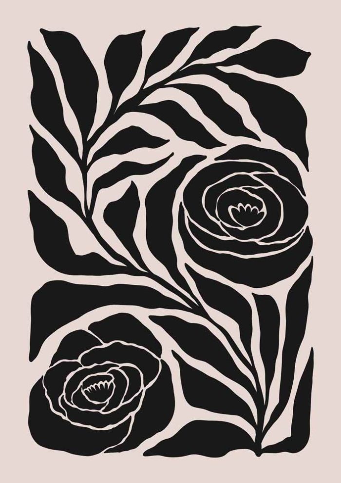 Stylized Floral Pattern - Beige & Black Theme - Minimalist Art Botanical Flower Print Wall Art Poster - Image 1