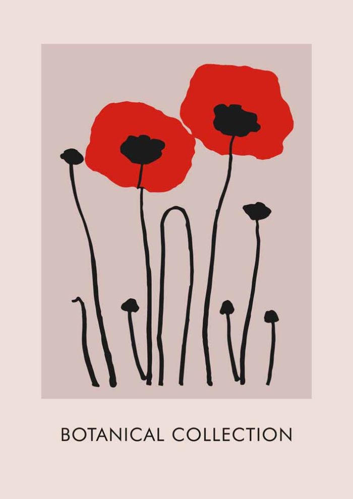 Stylized Floral Pattern - Beige & Black Theme - Minimalist Art Botanical Flower Print Wall Art Poster - Image 1