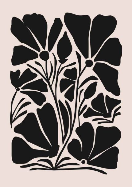 Stylized Floral Pattern - Beige & Black Theme - Minimalist Art Botanical Flower Print Wall Art Poster
