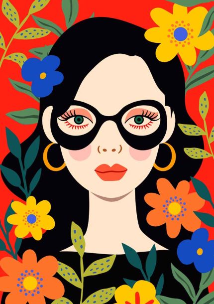 Floral Portrait - Stylized Woman with Flowers - Colorful Art Print Floral Botanical Flower Print Wall Art Poster