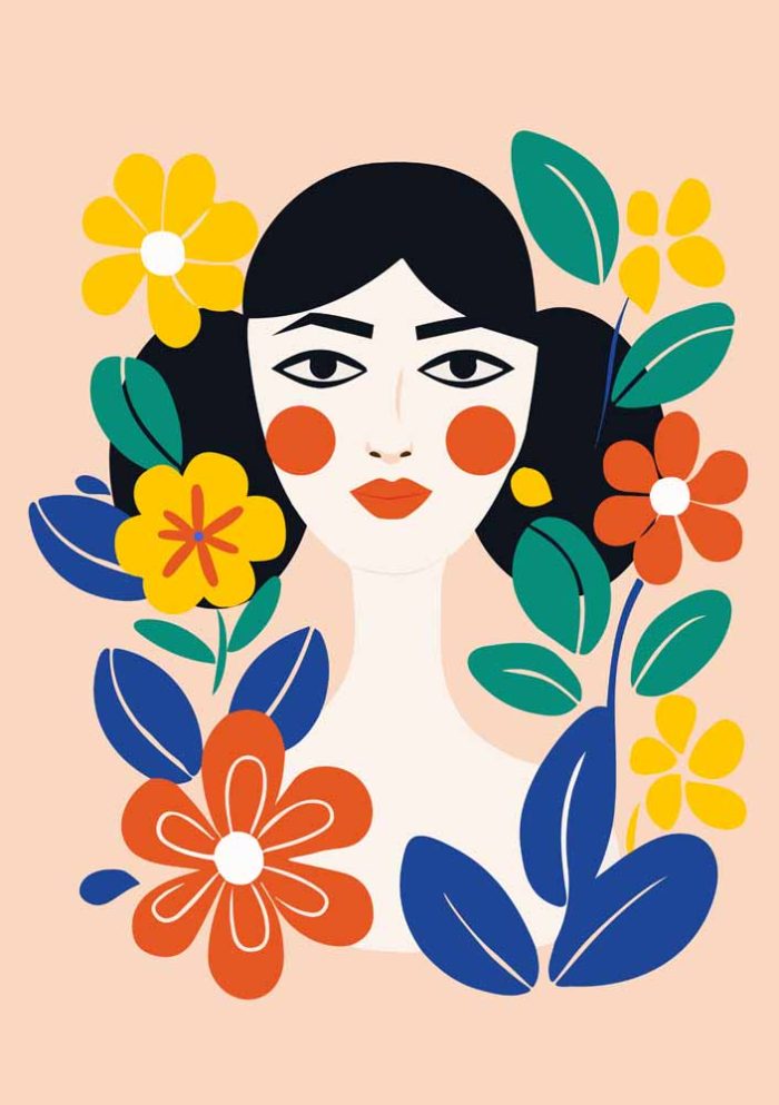 Woman Portrait With Floral Botanical Flower Print Wall Art Poster - Image 1