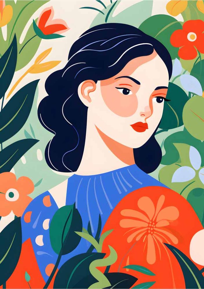 Woman Portrait With Floral Botanical Flower Print Wall Art Poster - Image 1