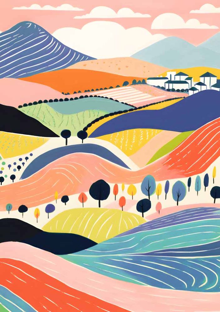 Rolling Hills Landscape - Colorful Countryside Art Print - Image 1