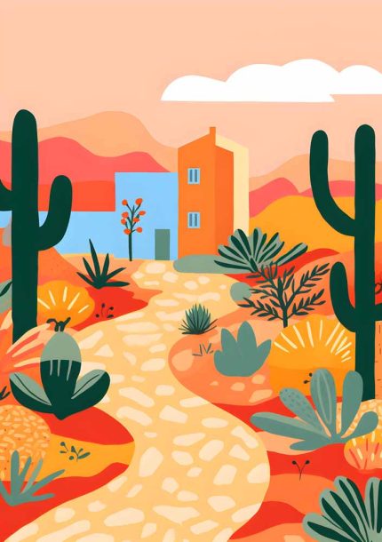Potted Plants and Cacti - Vibrant Garden Illustration - Patio Art