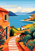 Mediterranean Coastal Scene - Colorful Landscape Illustration - Seaside Art