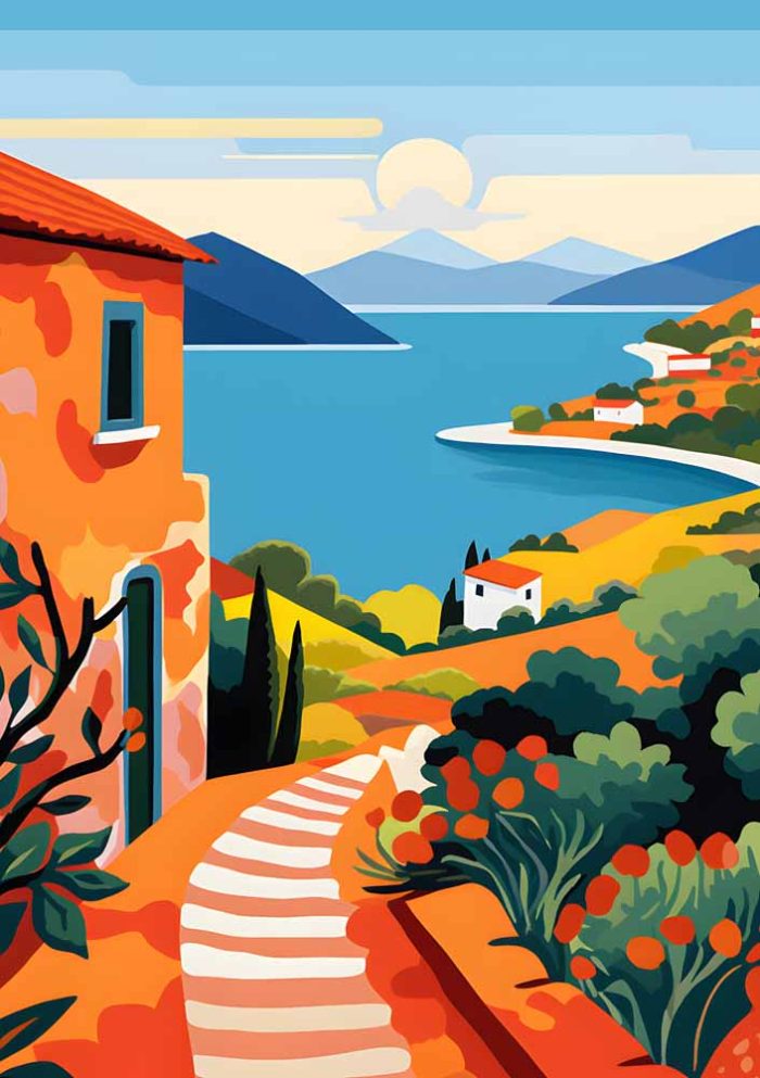 Mediterranean Coastal Scene - Colorful Landscape Illustration - Seaside Art - Image 1