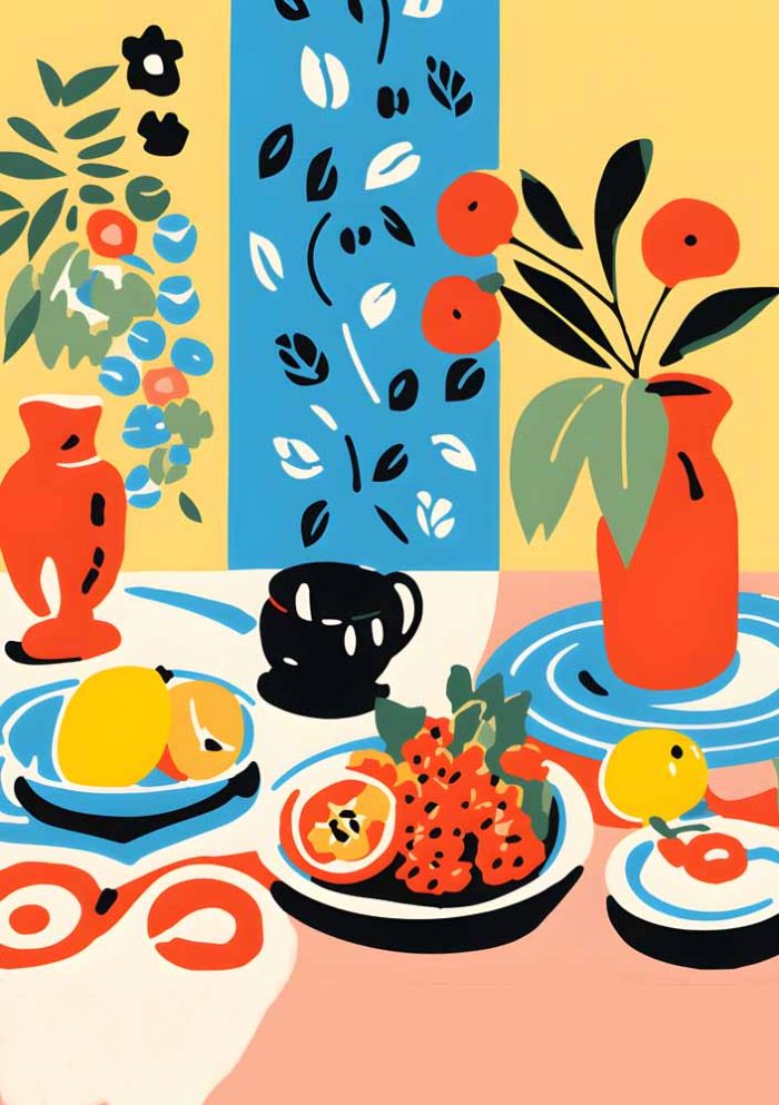 Stylized Still Life with Fruit and Objects - Colorful Tabletop Art Print Wall Art Poster - Image 1