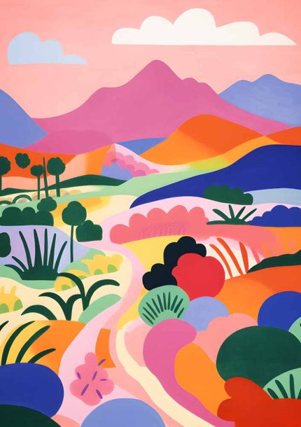 Colorful Rolling Hills Landscape - Stylized Countryside Art Print Print Wall Art Poster