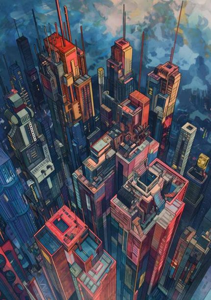 Futurism building Water color AI Print Wall Art Poster