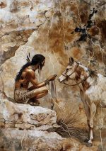 Indigenous Man with Horse in Rocky Landscape Native American Cave Art AI Print Wall Art Poster