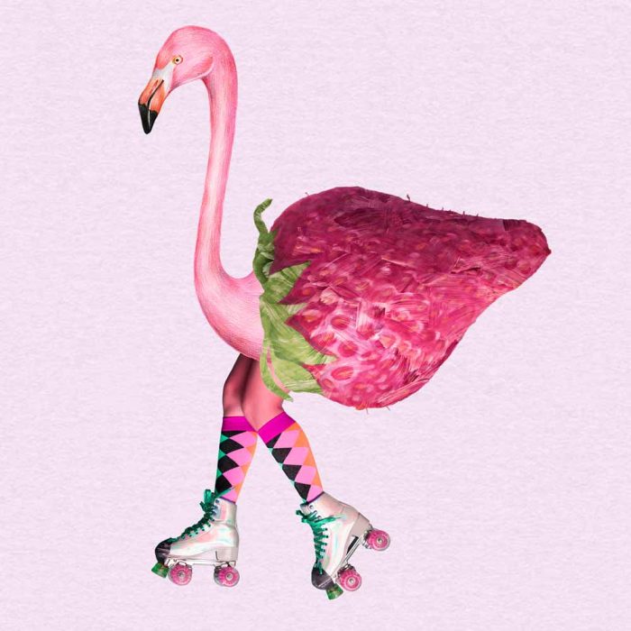 Strawberry Flamingo Roller Skates - Whimsical Art Print Square Wall Art Premium Print Wall Art Poster - Image 1