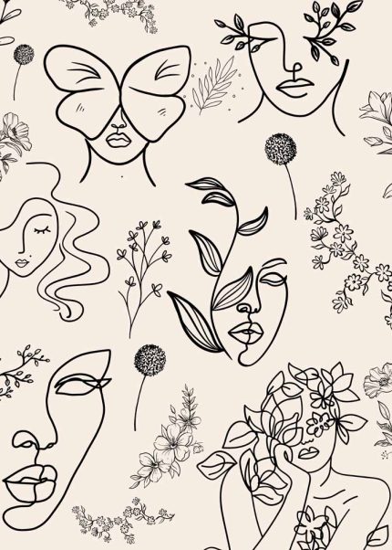 Minimalist Line Art Faces & Botanicals - Abstract Portrait Pattern Print Wall Art Poster