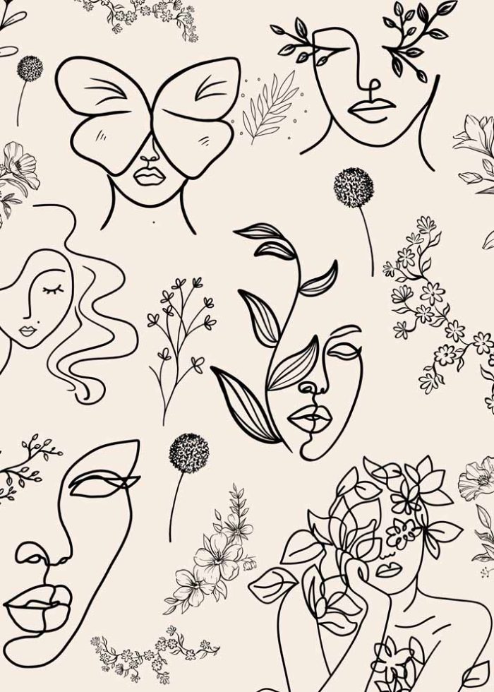 Minimalist Line Art Faces & Botanicals - Abstract Portrait Pattern Print Wall Art Poster - Image 1