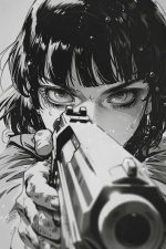 Focused Anime Female Character with Firearm, Powerful Manga Illustration, Black and White Art Print Wall Art