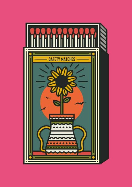 Safety Matches Sunflower Illustration - Matchbox Art Print Trendy Colorful Poster Wall Art Aluminum Print