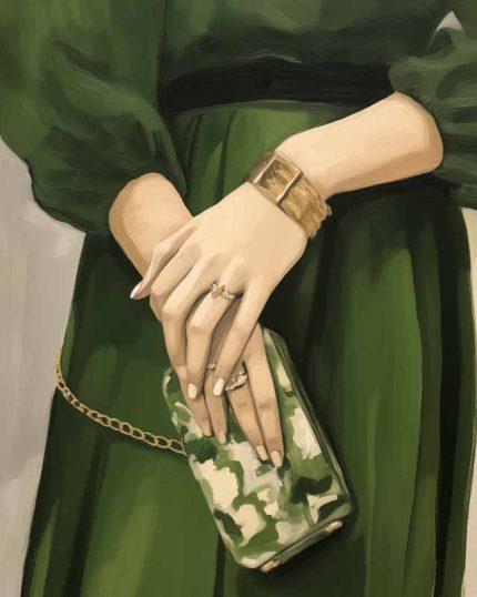 Elegant Woman in Green Dress with Stylish Accessories Trendy Colorful Wall Art Poster