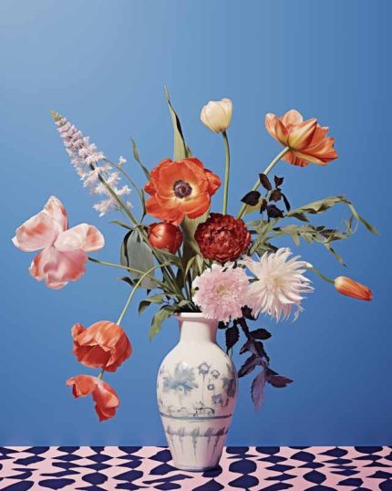 Vibrant Floral Arrangement in Delft Vase: Still Life Eclectic Trendy Colorful Wall Art Poster