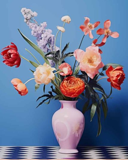 Vibrant Floral Arrangement in Delft Vase: Still Life Eclectic Trendy Colorful Wall Art Poster