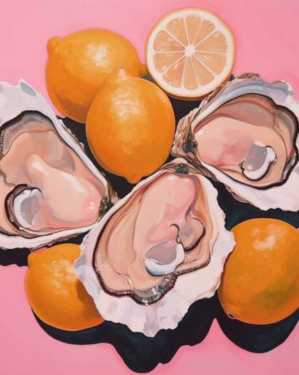 Oysters and Lemons Still Life: Vibrant Food Painting Vibrant Floral Arrangement in Delft Vase: Still Life Eclectic