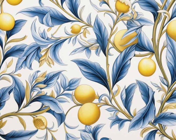 Lemon Tree Pattern with Blue Leaves: Botanical Design  Eclectic Trendy Colorful Wall Art Poster - Image 1