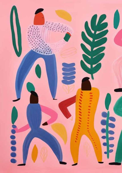 Colorful Abstract Figures and Plants: Whimsical Art  Eclectic Trendy Colorful Wall Art Poster