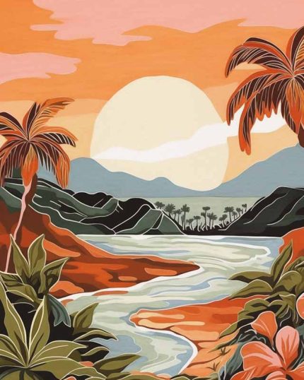 Tropical Paradise Landscape: Sunset Beach Illustration
