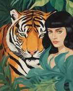 Woman and Tiger Eclectic Trendy Colorful Wall Art Poster