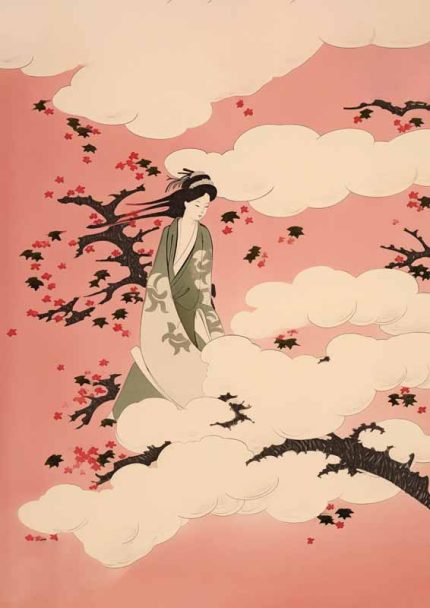 Japanese Woman Art Print | Ukiyo-e Style Poster | Geisha in Clouds Eclectic Trendy Colorful Wall Art Poster