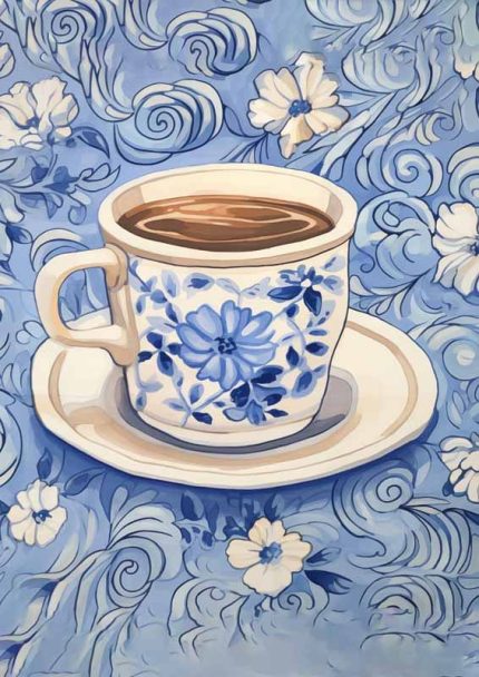 Tea Cup Art Print | Coffee Cup Poster | Blue and White Drinkware Wall Décor Eclectic Trendy Colorful Wall Art Poster