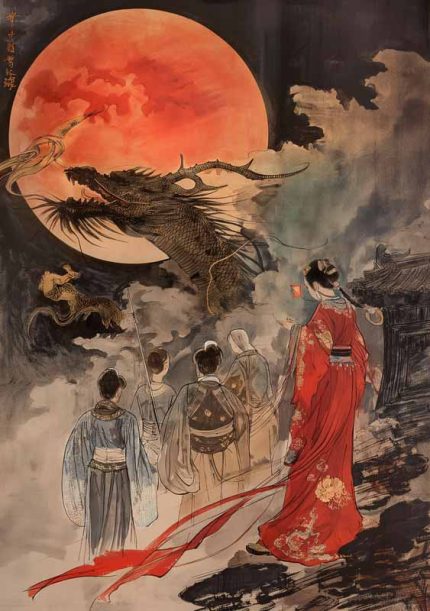 Mythological Dragon Under Red Moon - Traditional Asian Painting Vintage Chinese Art AI Print Wall Art Poster